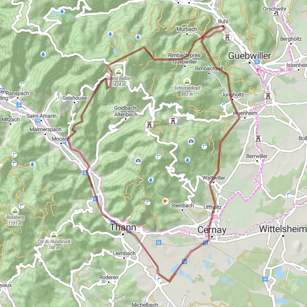 Map miniature of "Off the Beaten Path in the Vosges" cycling inspiration in Alsace, France. Generated by Tarmacs.app cycling route planner