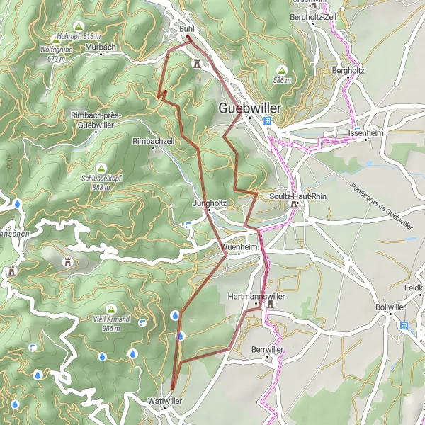 Map miniature of "Gravel Escape" cycling inspiration in Alsace, France. Generated by Tarmacs.app cycling route planner