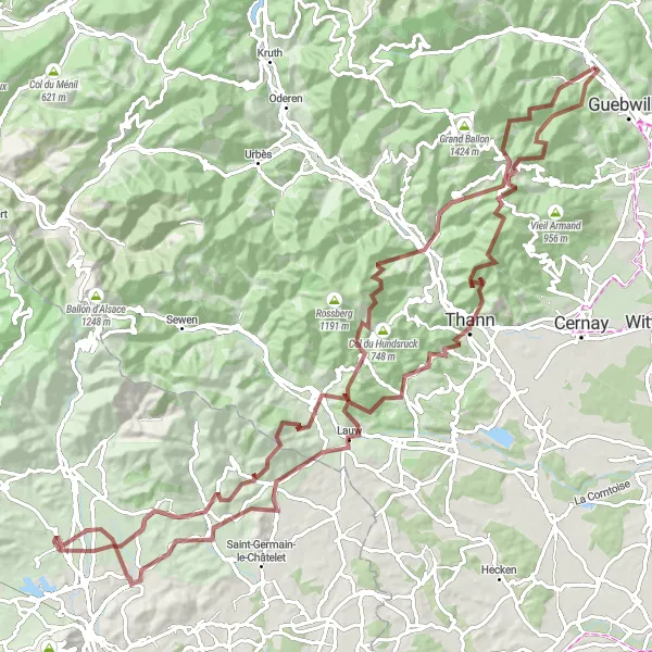 Miniature de la carte de l'inspiration cycliste "Parcours aventure autour de Buhl" dans la Alsace, France. Générée par le planificateur d'itinéraire cycliste Tarmacs.app