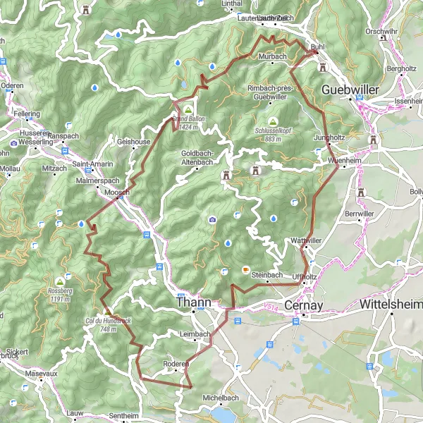 Miniature de la carte de l'inspiration cycliste "Tour des collines près de Buhl" dans la Alsace, France. Générée par le planificateur d'itinéraire cycliste Tarmacs.app