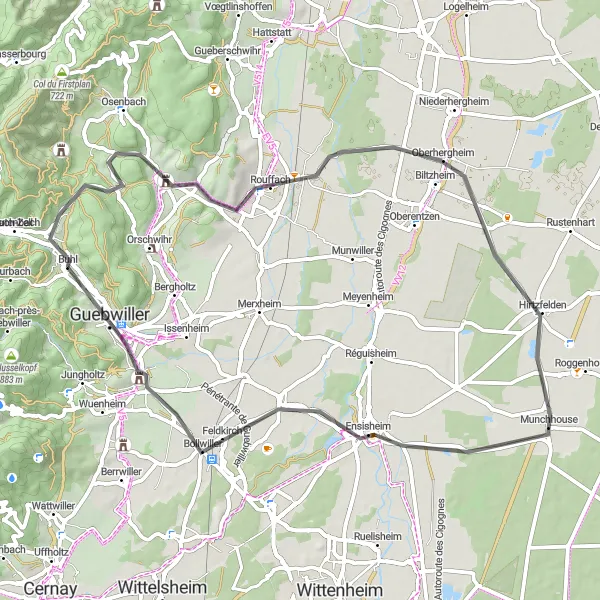 Miniature de la carte de l'inspiration cycliste "Escapade bucolique dans les environs de Buhl" dans la Alsace, France. Générée par le planificateur d'itinéraire cycliste Tarmacs.app