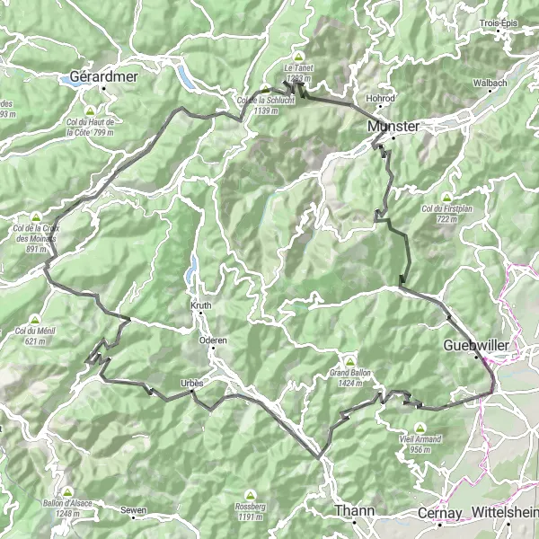 Map miniature of "The Vosges Challenge" cycling inspiration in Alsace, France. Generated by Tarmacs.app cycling route planner