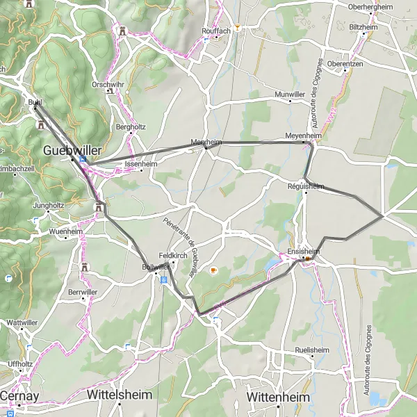 Miniature de la carte de l'inspiration cycliste "La Route des Abbayes" dans la Alsace, France. Générée par le planificateur d'itinéraire cycliste Tarmacs.app