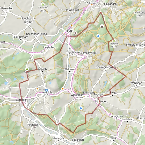 Miniature de la carte de l'inspiration cycliste "Balade autour de Carspach" dans la Alsace, France. Générée par le planificateur d'itinéraire cycliste Tarmacs.app