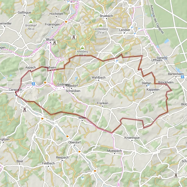 Map miniature of "Luemschwiller to Château de Reinach Gravel Route" cycling inspiration in Alsace, France. Generated by Tarmacs.app cycling route planner