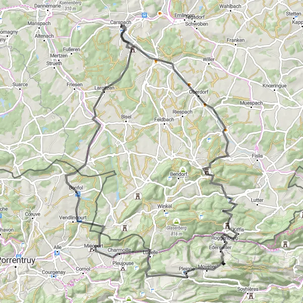 Miniature de la carte de l'inspiration cycliste "Tour de Sundgau" dans la Alsace, France. Générée par le planificateur d'itinéraire cycliste Tarmacs.app