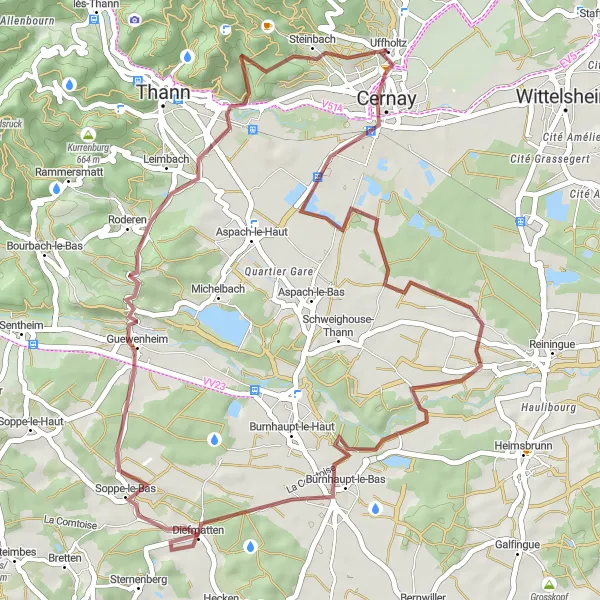 Miniature de la carte de l'inspiration cycliste "Circuit vélo tout-terrain autour de Cernay" dans la Alsace, France. Générée par le planificateur d'itinéraire cycliste Tarmacs.app