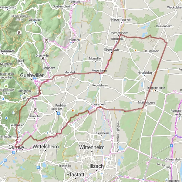 Map miniature of "Gravel Adventure: Soultz-Haut-Rhin Circuit" cycling inspiration in Alsace, France. Generated by Tarmacs.app cycling route planner