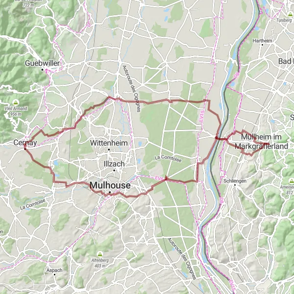 Miniature de la carte de l'inspiration cycliste "Exploration des collines de Mulhouse en gravier" dans la Alsace, France. Générée par le planificateur d'itinéraire cycliste Tarmacs.app