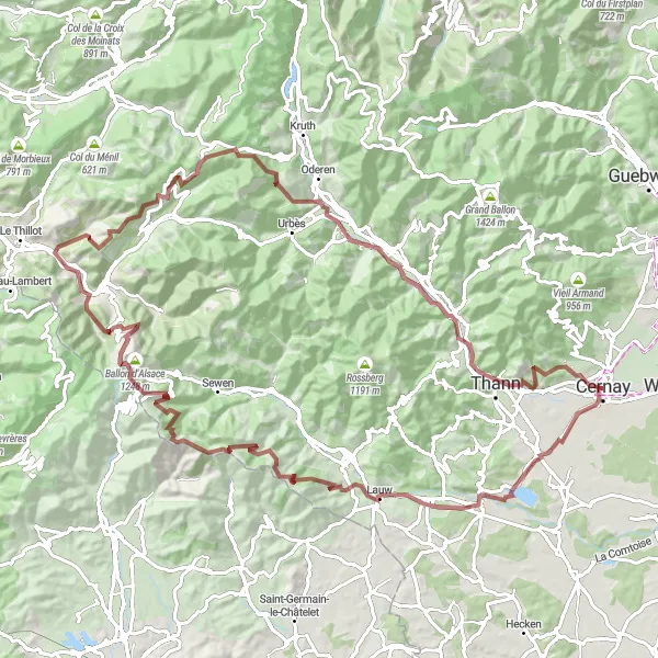 Miniature de la carte de l'inspiration cycliste "Circuit des Sommets d'Alsace" dans la Alsace, France. Générée par le planificateur d'itinéraire cycliste Tarmacs.app