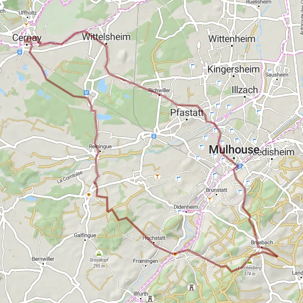 Miniature de la carte de l'inspiration cycliste "Parcours gravel panoramique près de Cernay" dans la Alsace, France. Générée par le planificateur d'itinéraire cycliste Tarmacs.app