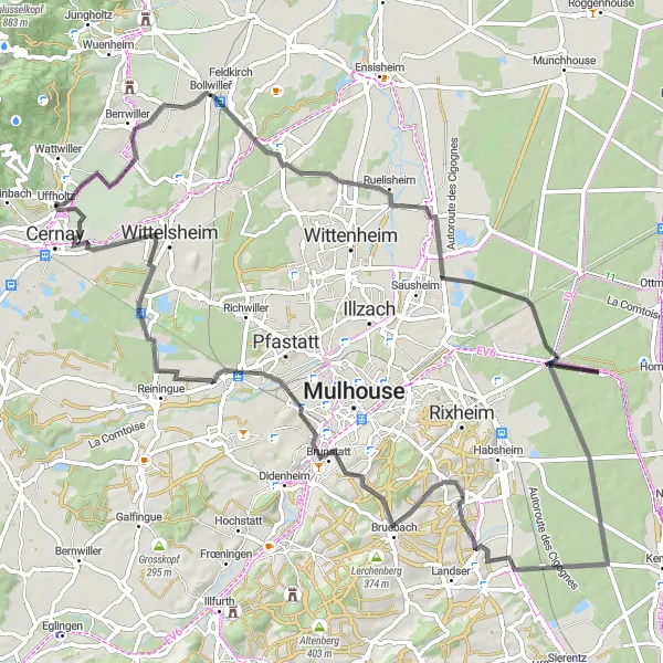 Miniature de la carte de l'inspiration cycliste "Route panoramique autour de Mulhouse" dans la Alsace, France. Générée par le planificateur d'itinéraire cycliste Tarmacs.app