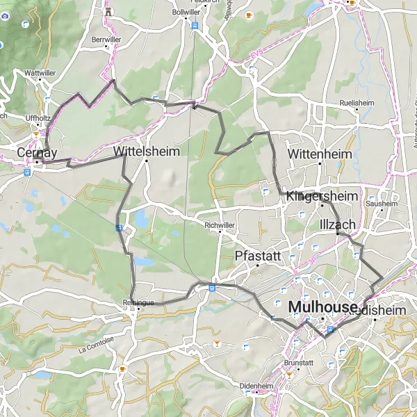 Miniature de la carte de l'inspiration cycliste "Circuit de vélo de route autour de Cernay" dans la Alsace, France. Générée par le planificateur d'itinéraire cycliste Tarmacs.app