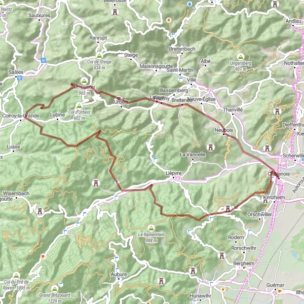 Map miniature of "Châtenois and the Castles" cycling inspiration in Alsace, France. Generated by Tarmacs.app cycling route planner