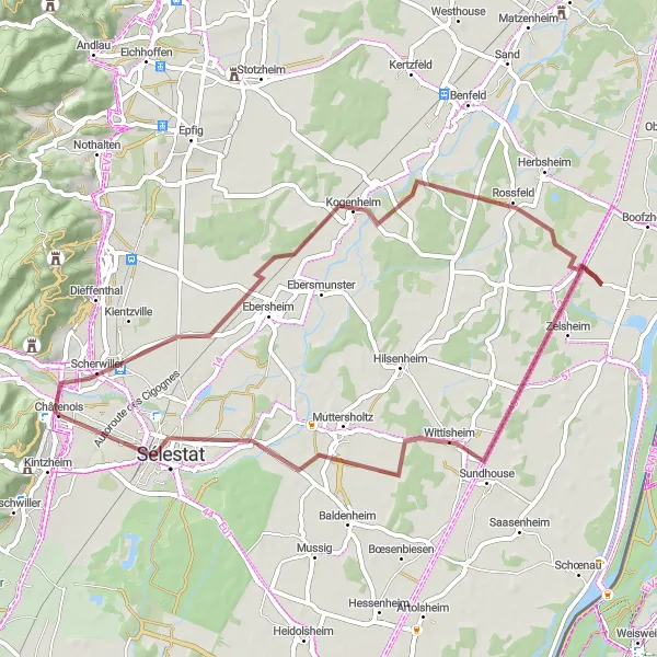 Miniature de la carte de l'inspiration cycliste "Parcours de Gravel autour de Châtenois" dans la Alsace, France. Générée par le planificateur d'itinéraire cycliste Tarmacs.app