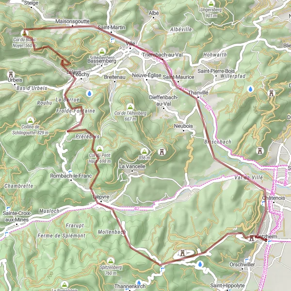 Map miniature of "Koepfel Gravel Route" cycling inspiration in Alsace, France. Generated by Tarmacs.app cycling route planner