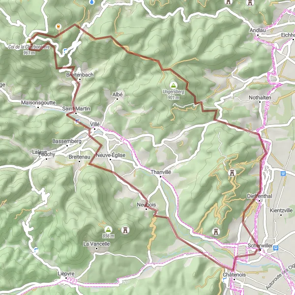 Map miniature of "Dieffenbach-au-Val Gravel Route" cycling inspiration in Alsace, France. Generated by Tarmacs.app cycling route planner