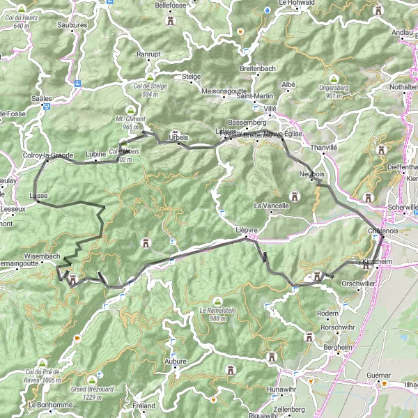 Map miniature of "Alsace Wine Route" cycling inspiration in Alsace, France. Generated by Tarmacs.app cycling route planner