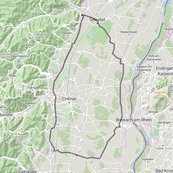 Map miniature of "Gems of Alsace" cycling inspiration in Alsace, France. Generated by Tarmacs.app cycling route planner