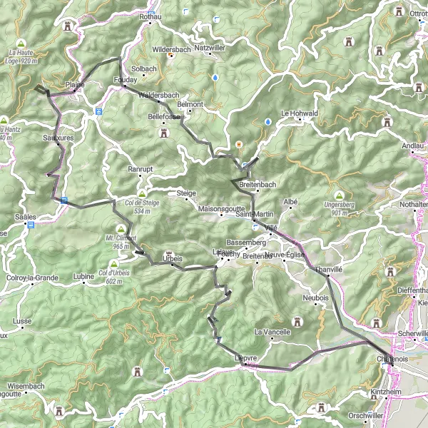 Miniature de la carte de l'inspiration cycliste "Parcours des Vosges" dans la Alsace, France. Générée par le planificateur d'itinéraire cycliste Tarmacs.app