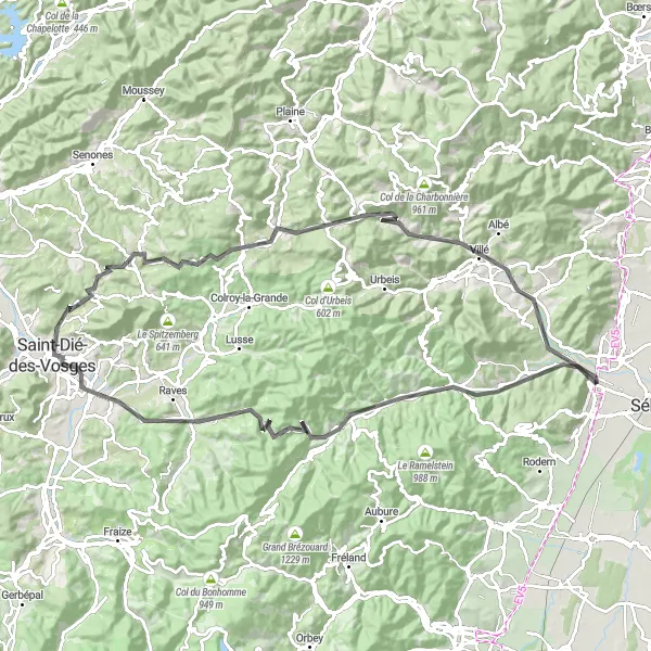 Miniature de la carte de l'inspiration cycliste "Parcours des Vosges" dans la Alsace, France. Générée par le planificateur d'itinéraire cycliste Tarmacs.app