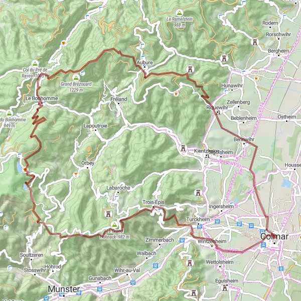 Map miniature of "Epic Gravel Adventure: Col du Wettstein and Col des Bagenelles" cycling inspiration in Alsace, France. Generated by Tarmacs.app cycling route planner