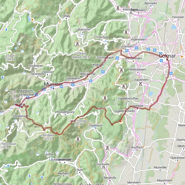 Miniature de la carte de l'inspiration cycliste "Exploration Gravel entre Colmar et les Vosges" dans la Alsace, France. Générée par le planificateur d'itinéraire cycliste Tarmacs.app