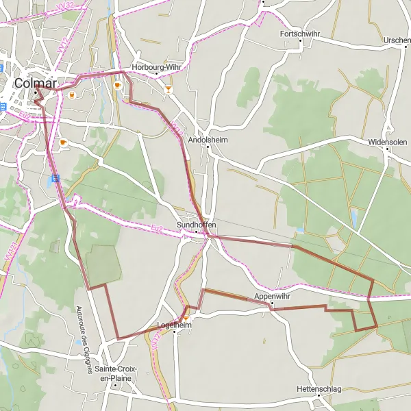 Miniature de la carte de l'inspiration cycliste "Escapade Nature autour de Colmar" dans la Alsace, France. Générée par le planificateur d'itinéraire cycliste Tarmacs.app