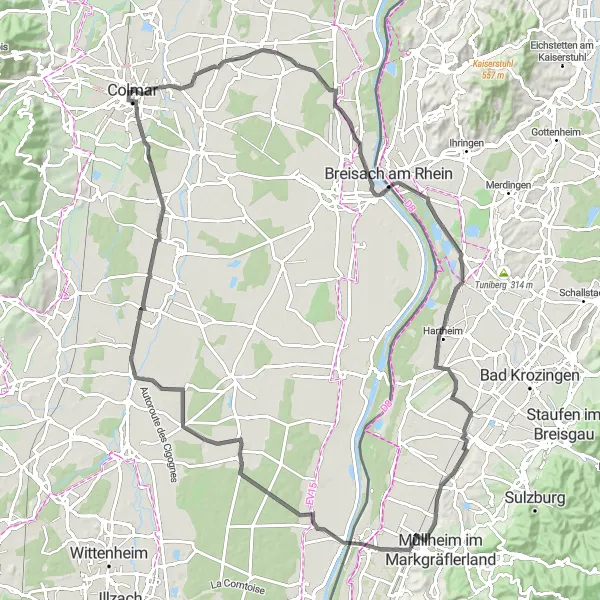 Map miniature of "Kunheim to Sainte-Croix-en-Plaine Loop" cycling inspiration in Alsace, France. Generated by Tarmacs.app cycling route planner