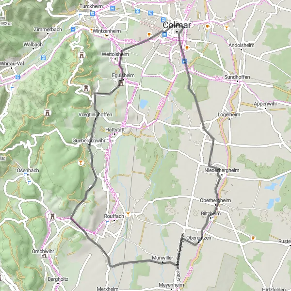 Miniature de la carte de l'inspiration cycliste "Boucle cyclable Route de Colmar" dans la Alsace, France. Générée par le planificateur d'itinéraire cycliste Tarmacs.app