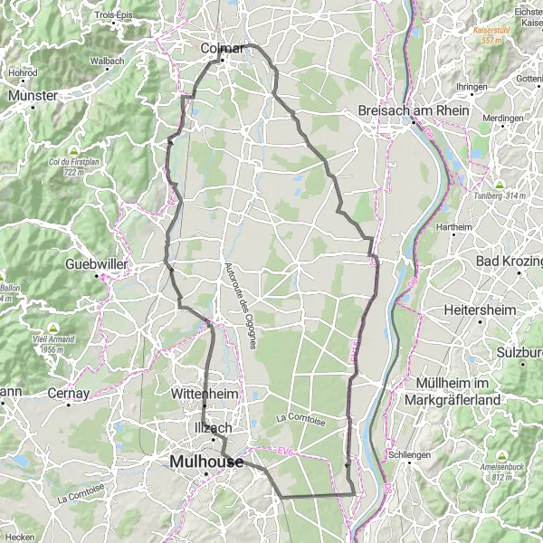 Miniature de la carte de l'inspiration cycliste "Parcours Route autour de Colmar" dans la Alsace, France. Générée par le planificateur d'itinéraire cycliste Tarmacs.app