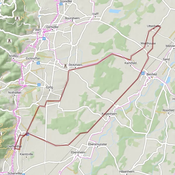 Miniature de la carte de l'inspiration cycliste "Exploration des Chemins de Gravel" dans la Alsace, France. Générée par le planificateur d'itinéraire cycliste Tarmacs.app