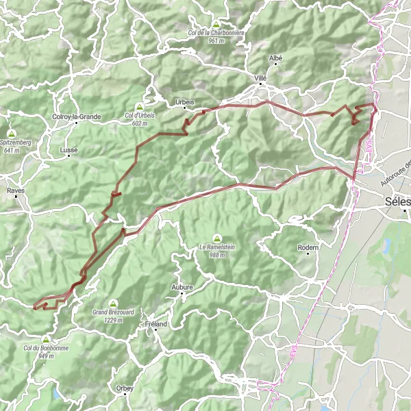 Miniature de la carte de l'inspiration cycliste "Circuit gravel autour de Dieffenthal" dans la Alsace, France. Générée par le planificateur d'itinéraire cycliste Tarmacs.app