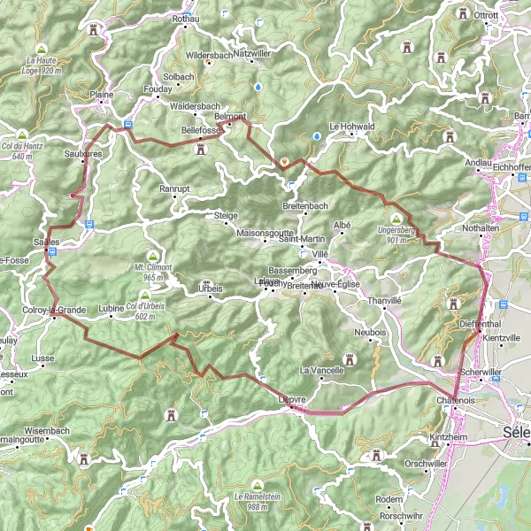 Miniature de la carte de l'inspiration cycliste "Boucle gravel des Vosges Centrales" dans la Alsace, France. Générée par le planificateur d'itinéraire cycliste Tarmacs.app