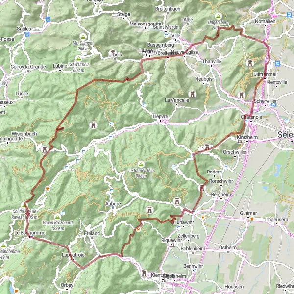Map miniature of "The Gravel Mountain Challenge" cycling inspiration in Alsace, France. Generated by Tarmacs.app cycling route planner