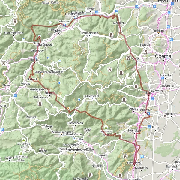 Miniature de la carte de l'inspiration cycliste "Parcours gravel au coeur de la Vallée de la Bruche" dans la Alsace, France. Générée par le planificateur d'itinéraire cycliste Tarmacs.app