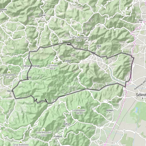 Miniature de la carte de l'inspiration cycliste "Escapade dans les Vosges" dans la Alsace, France. Générée par le planificateur d'itinéraire cycliste Tarmacs.app