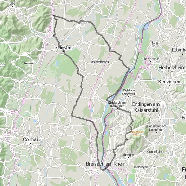 Miniature de la carte de l'inspiration cycliste "Parcours des Vignobles de l'Empereur" dans la Alsace, France. Générée par le planificateur d'itinéraire cycliste Tarmacs.app