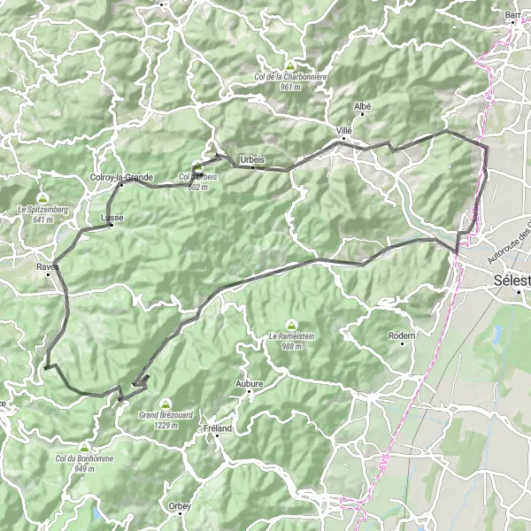 Miniature de la carte de l'inspiration cycliste "Traversée des Vosges du Nord" dans la Alsace, France. Générée par le planificateur d'itinéraire cycliste Tarmacs.app