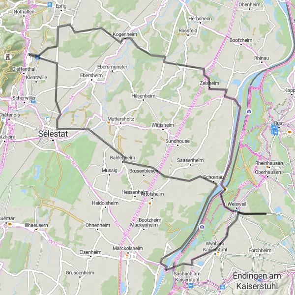 Map miniature of "Alsace Road Cycling Route" cycling inspiration in Alsace, France. Generated by Tarmacs.app cycling route planner