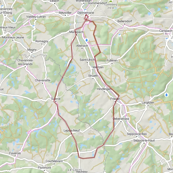 Miniature de la carte de l'inspiration cycliste "La Boucle des Vallées" dans la Alsace, France. Générée par le planificateur d'itinéraire cycliste Tarmacs.app