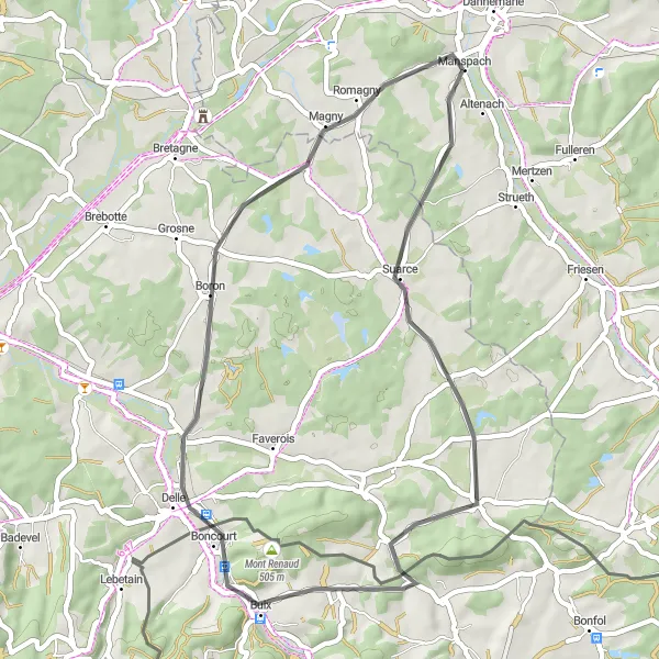Miniature de la carte de l'inspiration cycliste "Circuit de Manspach" dans la Alsace, France. Générée par le planificateur d'itinéraire cycliste Tarmacs.app