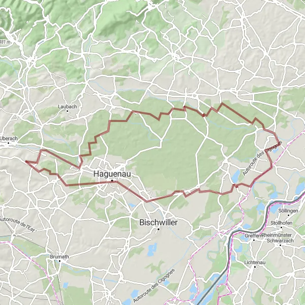 Map miniature of "Gravel Route: Discovering Dauendorf and Surroundings" cycling inspiration in Alsace, France. Generated by Tarmacs.app cycling route planner