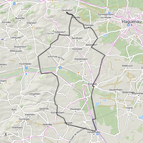 Map miniature of "Dauendorf and Ebersberg Loop" cycling inspiration in Alsace, France. Generated by Tarmacs.app cycling route planner