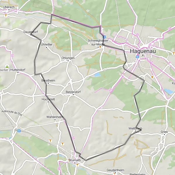 Map miniature of "The Alsatian Villages Loop" cycling inspiration in Alsace, France. Generated by Tarmacs.app cycling route planner