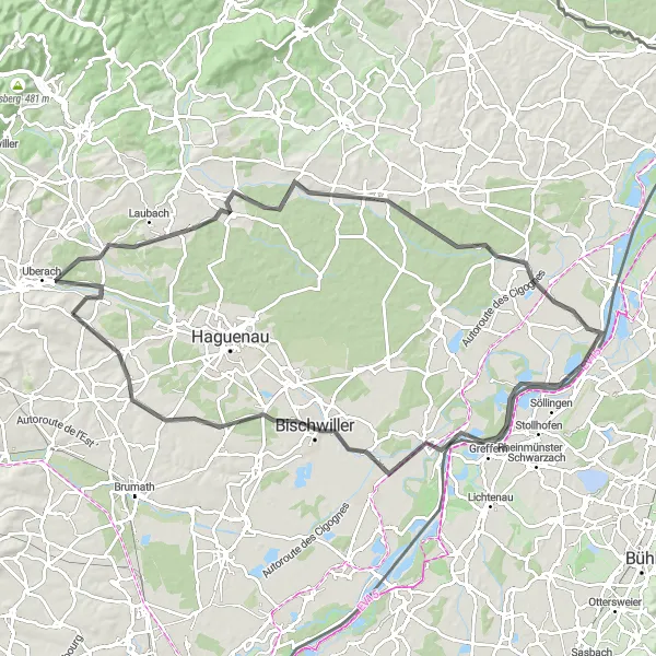 Miniature de la carte de l'inspiration cycliste "Les Collines d'Alsace" dans la Alsace, France. Générée par le planificateur d'itinéraire cycliste Tarmacs.app