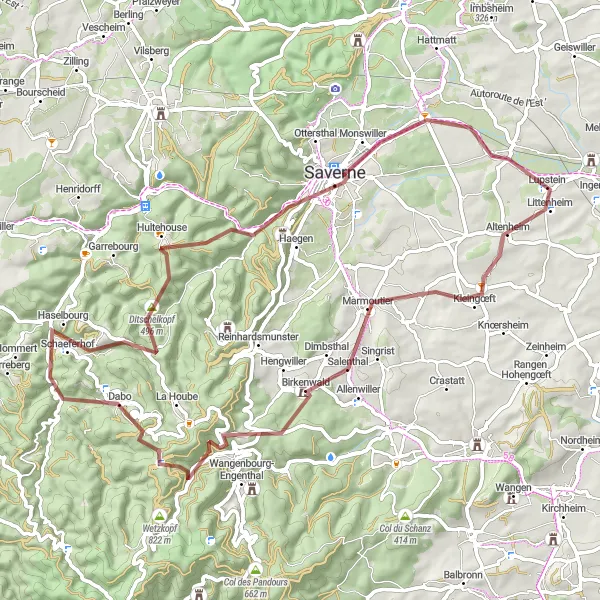Miniature de la carte de l'inspiration cycliste "Boucle VTT autour de Dettwiller" dans la Alsace, France. Générée par le planificateur d'itinéraire cycliste Tarmacs.app