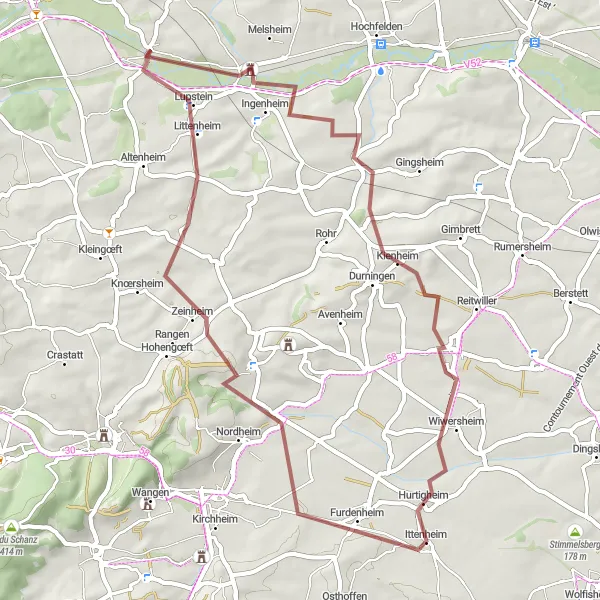 Map miniature of "Gravel Adventure through Rural Alsace" cycling inspiration in Alsace, France. Generated by Tarmacs.app cycling route planner