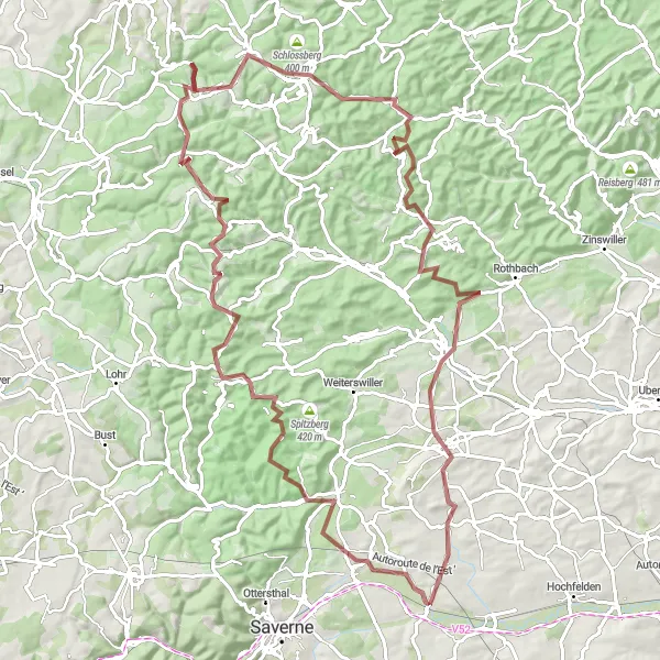 Miniature de la carte de l'inspiration cycliste "Les trésors cachés du Nord de l'Alsace" dans la Alsace, France. Générée par le planificateur d'itinéraire cycliste Tarmacs.app