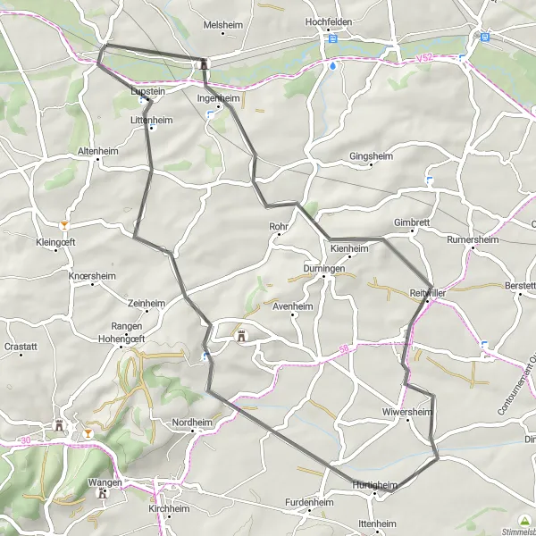 Miniature de la carte de l'inspiration cycliste "Boucle de Kienheim et Landersheim" dans la Alsace, France. Générée par le planificateur d'itinéraire cycliste Tarmacs.app